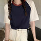 AOSSVIAO Summer Tops for Women Tshirt Turn Down Collar Short Sleeve Beige Blue Chic Y2k Fashion Patchwork 2025 T Shirts