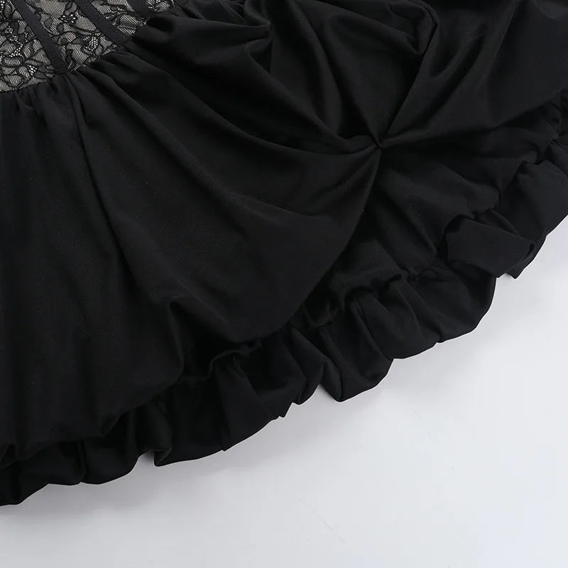 Talenza Black Lace Strapless Dress Women's Sexy Sleeveless Pleated A-Line High Waist Dress Backless Off Shoulder Y2k Party Dress