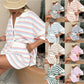 Women Casual 2 Pieces Set Loungewear Matching Suits Stripe Contrast Color Button Crochet Knit Blouse Tops + Shorts Outfits
