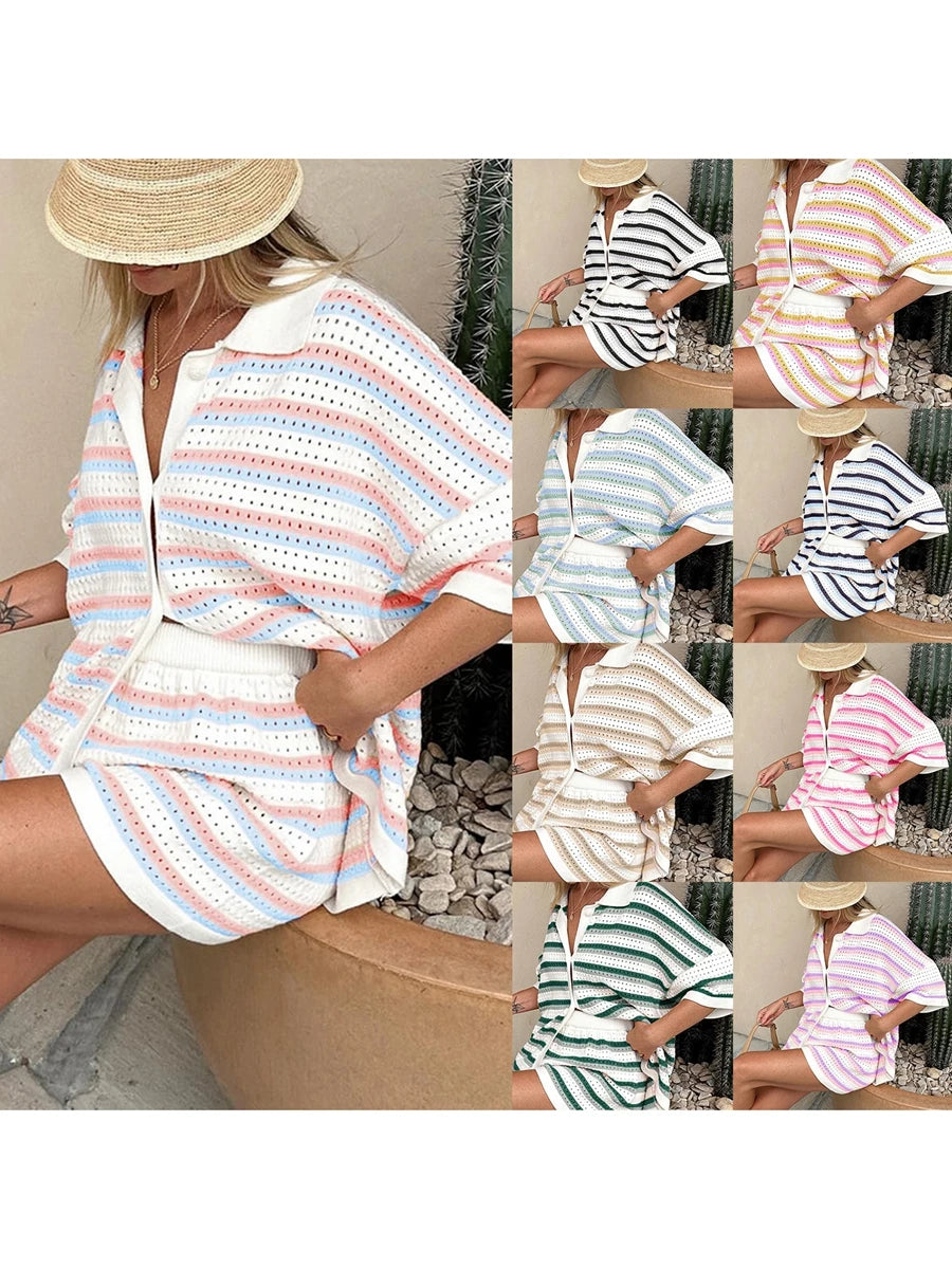 Women Casual 2 Pieces Set Loungewear Matching Suits Stripe Contrast Color Button Crochet Knit Blouse Tops + Shorts Outfits