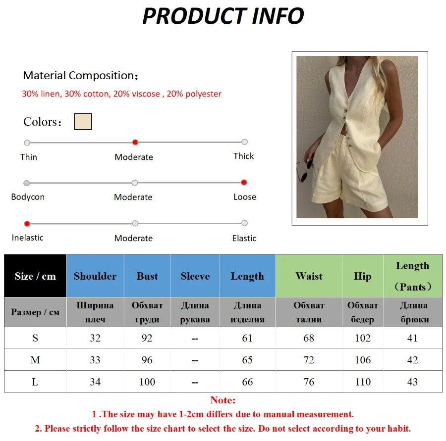 Wolfeel Cotton linen Chic Casual Vest Shorts Set Women's Fashion Commuter Sleeveless Tank Top Loose Shorts Suits Summer New