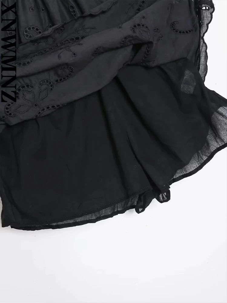 XNWMNZ 2024 Women Fashion Hollow out Embroidery Dress Vacation V-Neck Thin Strap Open Back Female Chic Mini Dresses
