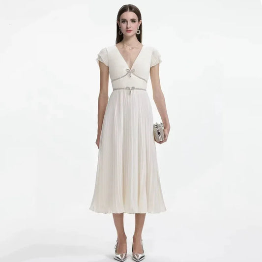 Elegant French Style Dress with Butterfly Knot Waist Cinching Pleated Skirt Cocktail Dress Short Sleeve V Neck Ankle Length