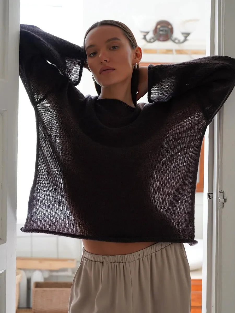 Original Fashion Hollow Out Knit Shirt Spring And Summer Women's Perspective Thin O-Neck Loose Elastic Long Sleeve Knit T-shirt