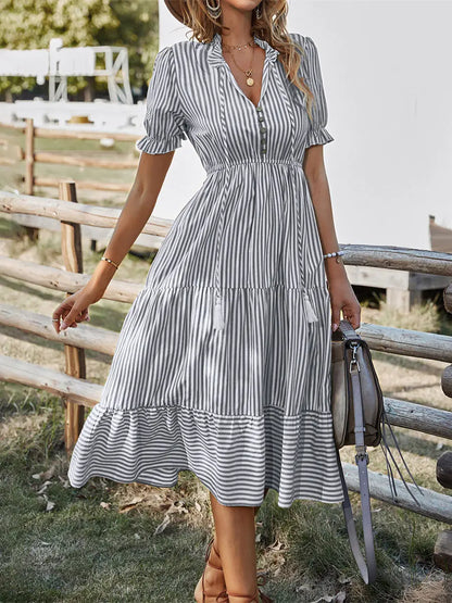 Women's Causal Striped Tassel Medium Long Dress V Neck Button Short Sleeve Spring Summer Dress