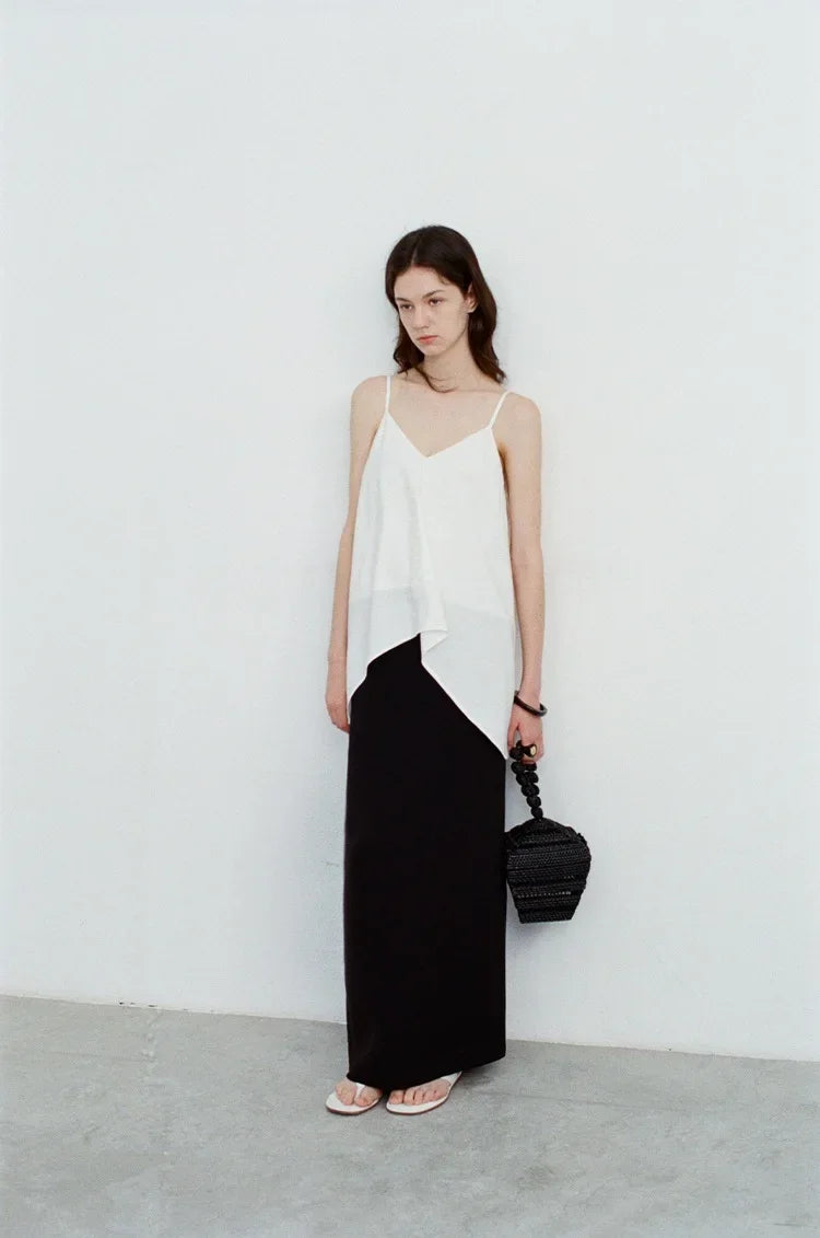 Elegant High-Waisted A- Line Skirt For Women Summer Commuting Long Dress Textile Song WhiteDrapedSideSlitLongDress