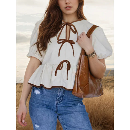 European and american foreign trade women's clothing2025New Women's Retro Bow Design Loose Puff Sleeves Shirt Short Sleeve