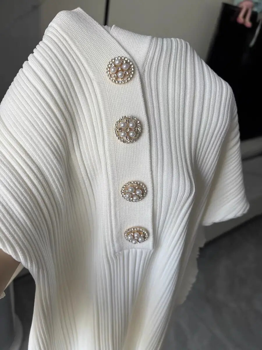 Summer New Women's Turn Down Collar Short Sleeve Knitted Mini Dress Slim Fit A-line Diamond Buttons White Short Dress  C-050