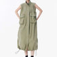 [EAM] Women Green Pocket Hem Drawstring Big Size Vest Dress New Stand Collar Sleeveless Fashion Tide Spring Autumn 2025 1DJ0147