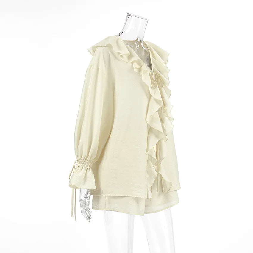 Tuularose New Casual Shorts Two-piece Set Women's Ruffled Loose Tie Top Simple Shorts Set Office Lady Summer Female Shorts Set