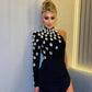 Fashion Women Celebrity Sexy Single Sleeve Rhinestone Black Maxi Long Bodycon Bandage Dress Elegant Evening Club Party Dress