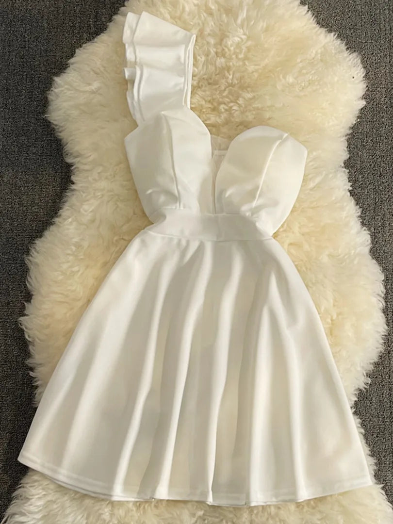 Women Black White Ruffled One Shoulder Sleeveless Mini Dress Strapless Mesh Patchwork High Waist A-line Party Dress Vestidos