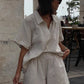 Women Casual Striped Cotton Linen Loose Shirt Shorts Suits Fashion Lapel Half Sleeves Elastic Waisted Shorts Summer Lady Outfits
