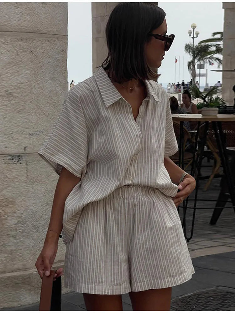 Women Casual Striped Cotton Linen Loose Shirt Shorts Suits Fashion Lapel Half Sleeves Elastic Waisted Shorts Summer Lady Outfits