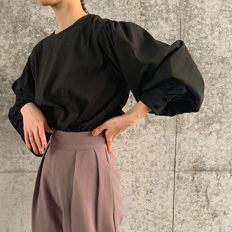 Japan Style Office Lady Elegant Vintage Blouse Women O-neck Loose Lantern Sleeve Shirts Solid All-amtch Blusas Autumn Ladies Top