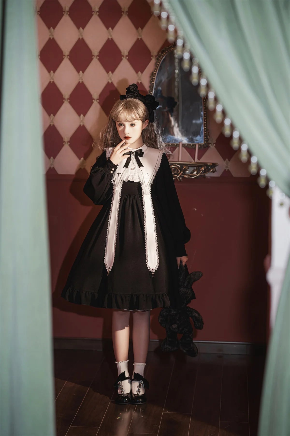 Contract Color Lolita Dress for Women Gothic Style Dark Girl Japanese Retro Op Dress Autumn and Winter Long Sleeve Black Dress