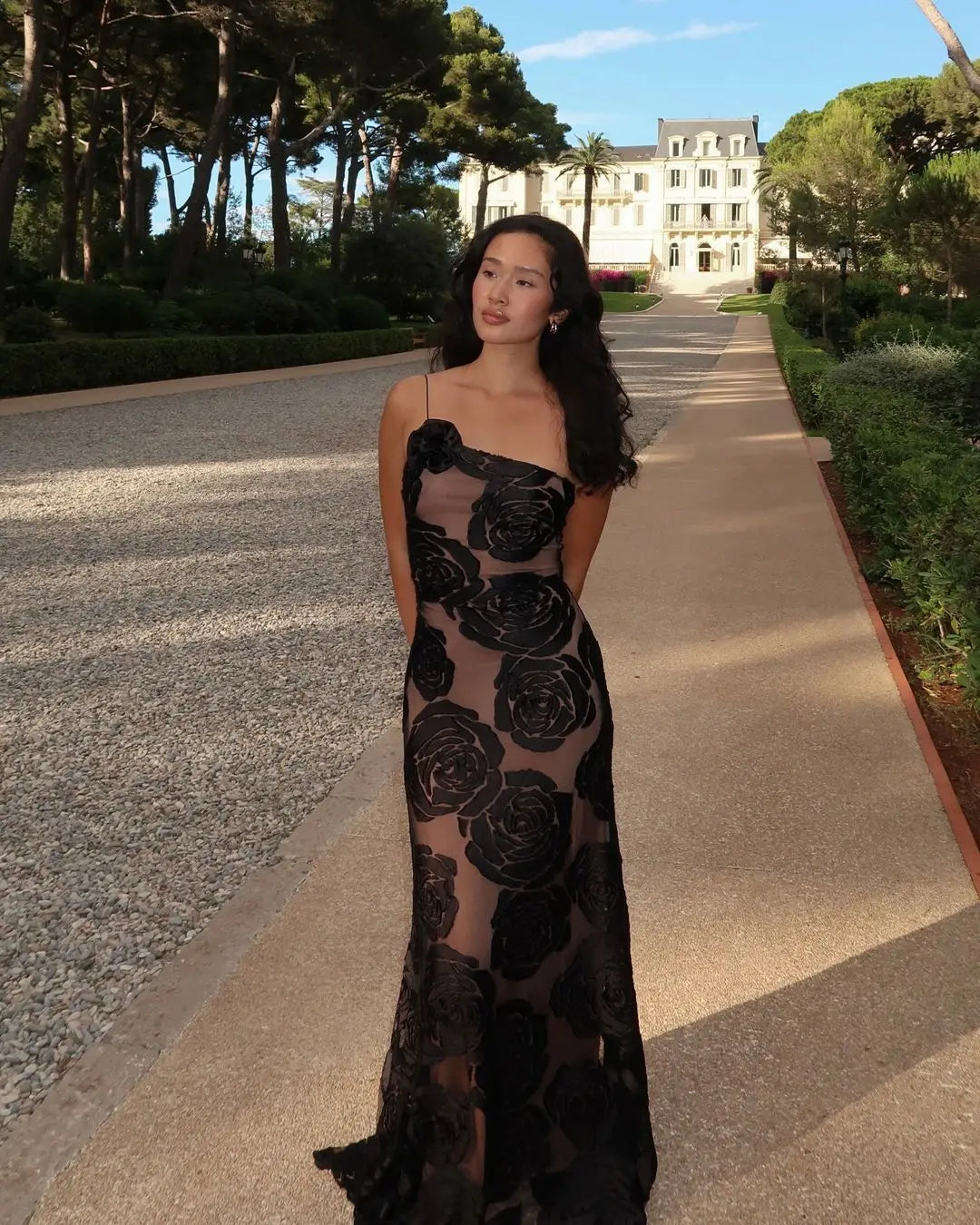 Mingmingxi Black Mesh Birthday Dress for Women 2024 One Shoulder Sexy Long Dress Slim Elegant Flower Wedding Guest Party Dresses