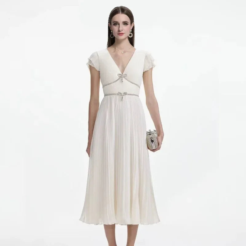 Elegant French Style Dress with Butterfly Knot Waist Cinching Pleated Skirt Cocktail Dress Short Sleeve V Neck Ankle Length