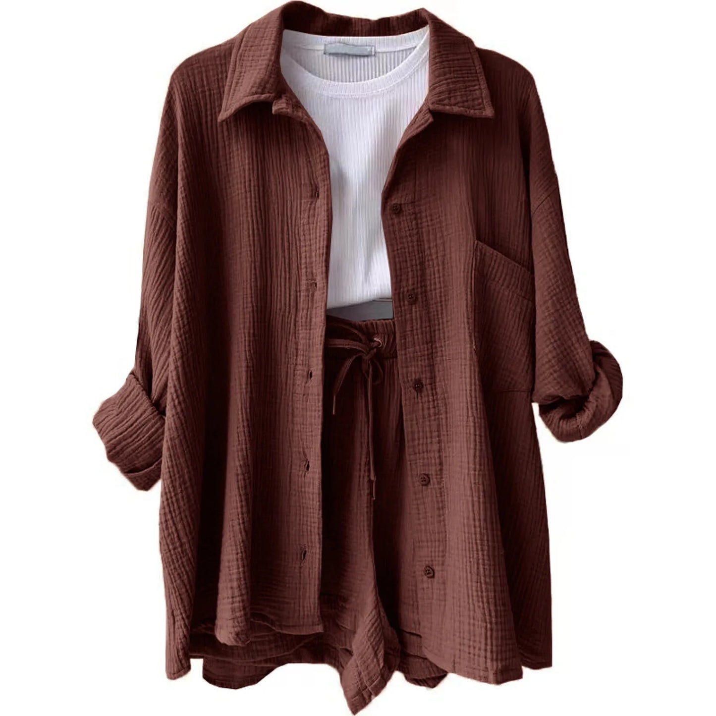 Summer Cotton Linen High Waist Shirt Shorts Women Turn Down Collar Long Sleeve Tops and Shorts Suit Cotton Casual Two Piece Sets