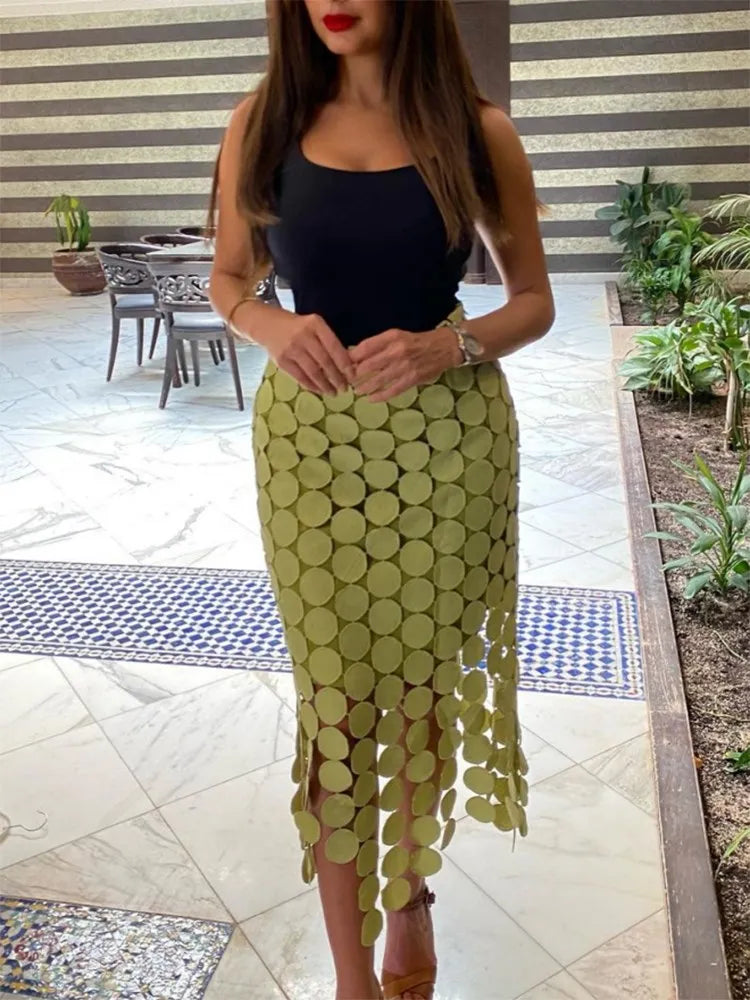 TWOTWINSTYLE Solid Minimalist Casual Skirt For Women High Waist Patchwork Zipper Irregular Hollow Out Skirts Female Fashion New