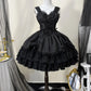 Japanese Lolita Dark Gothic Style JSK Lace Stitching Bow Lace-up V-neck Sleeveless High Waist Hot Sweet Black Cake Dress Women