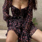 2022 Women Sexy Cross Bandage Black Flower Print Puff Long Sleeve Dress 3 layer Wood Ears Ruffles Hem Cake Mini Holiday Robe