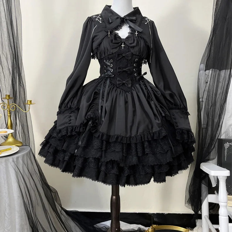 Japanese Lolita Dark Gothic Style JSK Lace Stitching Bow Lace-up V-neck Sleeveless High Waist Hot Sweet Black Cake Dress Women