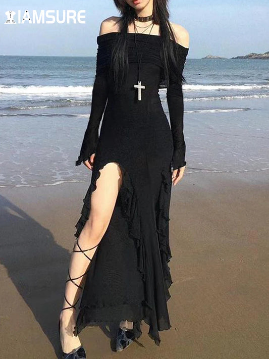 IAMSURE Elegant Fashion Dark Ruffles Split Long Dress Gothic Slash Neck Long Sleeve Maxi Dresses For Women 2023 Holiday Beach