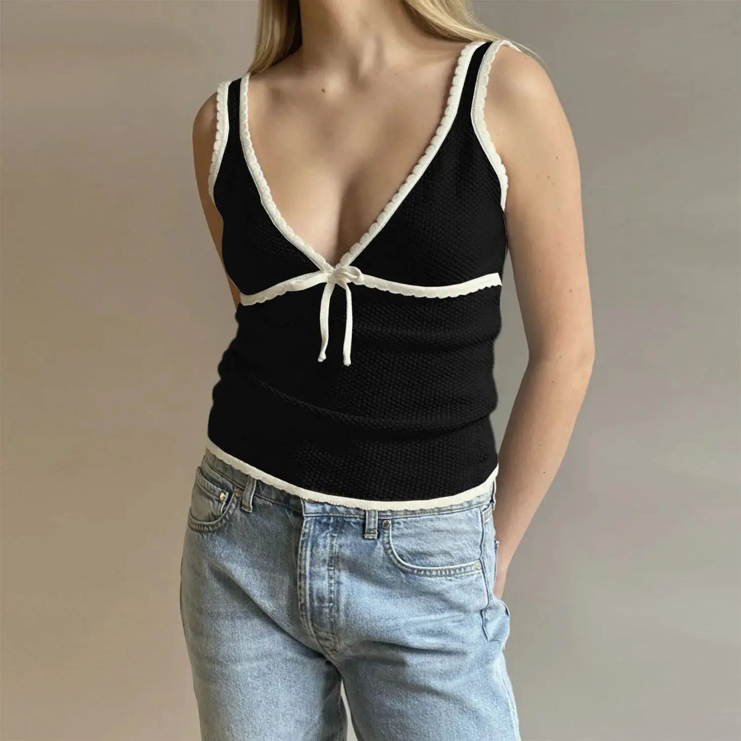 Bow V-neck Knitted Slim Crop Top Women Summer Patchwork Spaghetti Strap Sleeveless Tank Tops Casual Streetwear All-match Vests