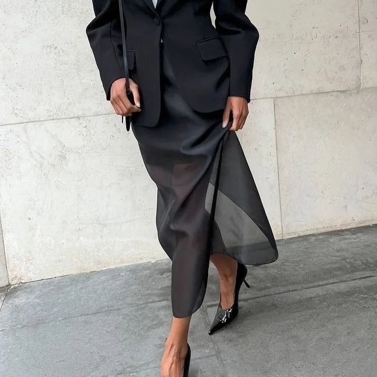 Tuularose Black Mesh Skirt Women's Sexy Perspective High Waist Slit Hip Cover Skirt Summer Fashion Casual Office Lady Skirt 2025