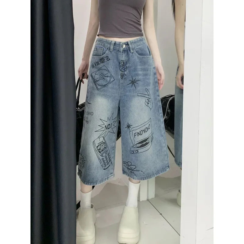 American Style Retro Street Women's Mid-Length Jeans Graffiti Design Loose Straight Cut Shorts Casual Fashionable Denim Shorts