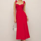 French Red Holiday Party Sling Summer Dress For Women Bow Shoulder A-line Slim Midi Chiffon Dresses