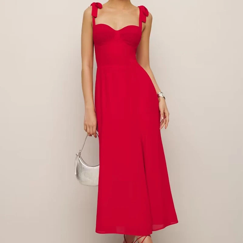 French Red Holiday Party Sling Summer Dress For Women Bow Shoulder A-line Slim Midi Chiffon Dresses