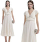 Elegant French Style Dress with Butterfly Knot Waist Cinching Pleated Skirt Cocktail Dress Short Sleeve V Neck Ankle Length
