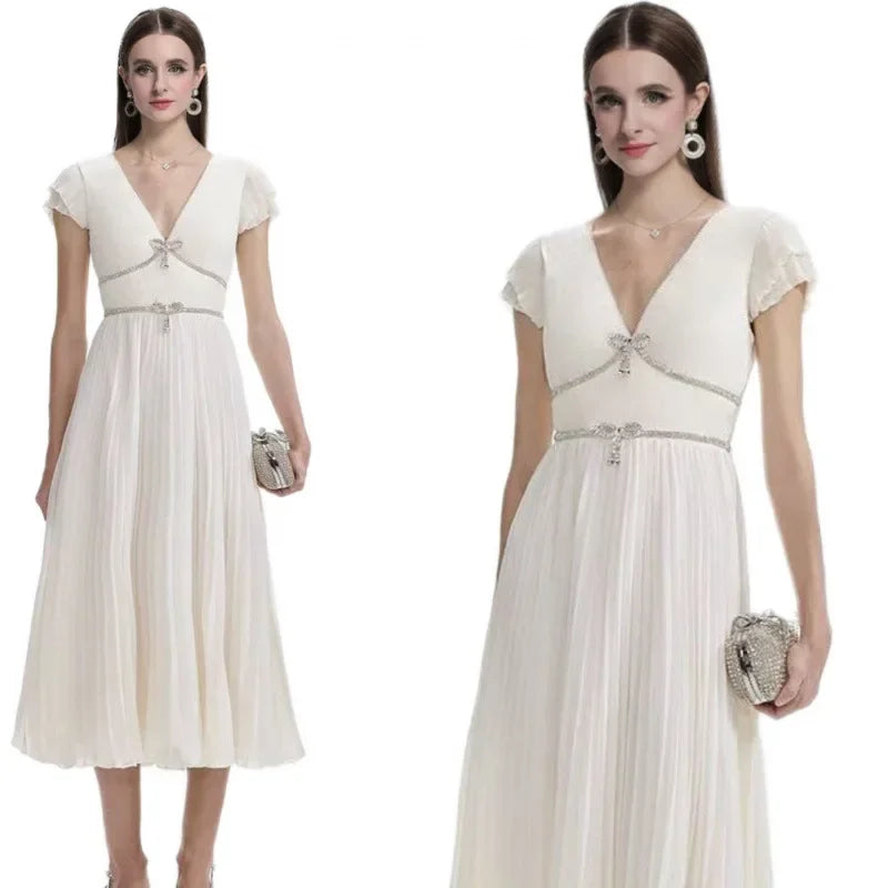 Elegant French Style Dress with Butterfly Knot Waist Cinching Pleated Skirt Cocktail Dress Short Sleeve V Neck Ankle Length
