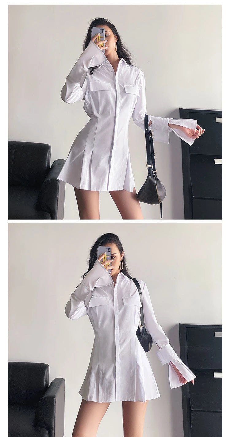 HOUZHOU Black Shirt Dress Women Elegant Vintage Long Sleeve Dresses Sexy Gothic Pleated Streetwear Turn-down Collar Casual Robe