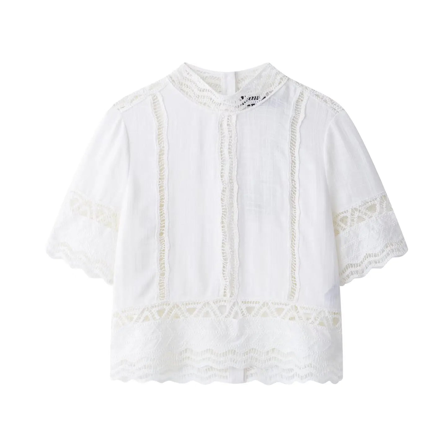 TRAFZA Women Fashion O-Neck Crocheting Details White Skirt Suit Short-sleeve Blouse+Side Zipper White Pleated Midi Se Long Skirt