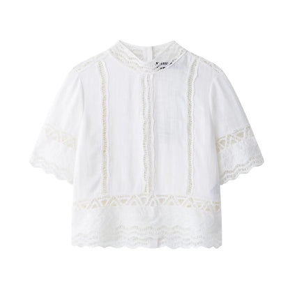 TRAFZA Women Fashion O-Neck Crocheting Details White Skirt Suit Short-sleeve Blouse+Side Zipper White Pleated Midi Se Long Skirt