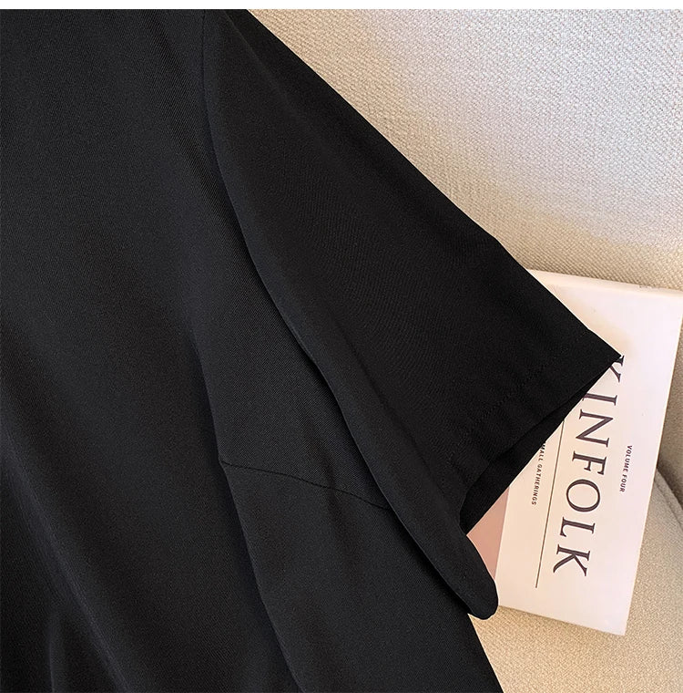 Plus size women's summer casual dress Chinese style modified cheongsam tray buckle decoration slit hem black polyester fabric