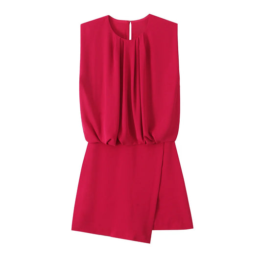 TRAF Women 2025 Spring New Fashion Tongle Style Short Jumpsuit Chic Round Neck Sleeveless All-Match Pleated Slim-Fit Shorts Muje
