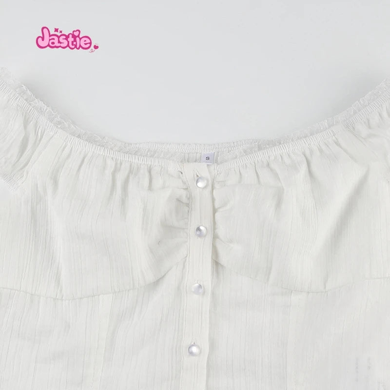 2024 New White Lace Tied Square Neck Summer T-shirts Chic Elegant Short Sleeve Tee Cotton Y2K Street Casual Bow Tie-up Top Women