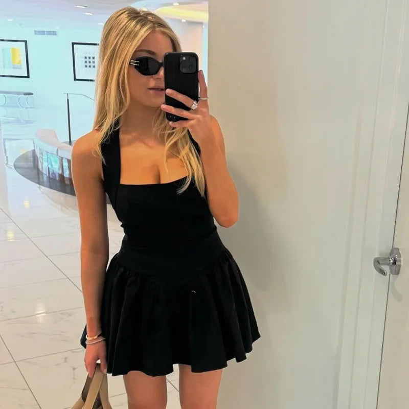 Trendix Ruffle Mini Dress Femme Sexy Backless Patchwork Sleeveless Slim A-Line Dress Vacation Casual Beach Party Elegant Dresses