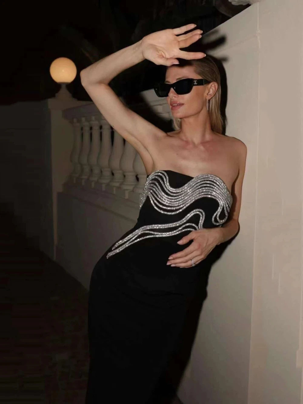 New Women Celebrity Sexy Strapless Backless Diamonds Black Maxi Long Bodycon Bandage Dress 2024 Elegant Evening Club Party Dress