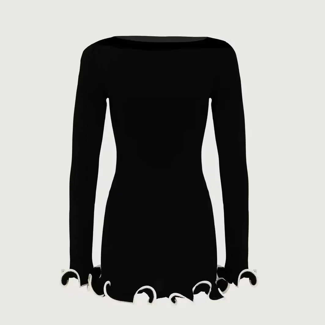 TARUXY Spring New Knitted Mini Dress For Women Fungus Contrast Color Slim Sweater Dress Elegant Female Party Clothes Long Sleeve