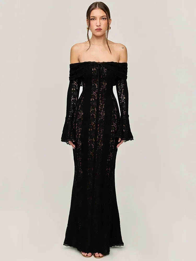 Oligai Winter Lace Long Sleeve Evening Party Dresses Women 2025 Black Sexy Elegant Maxi Dress Fashion Long Wedding Guest Dress