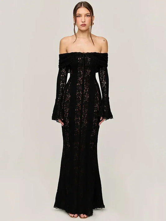Oligai Winter Lace Long Sleeve Evening Party Dresses Women 2025 Black Sexy Elegant Maxi Dress Fashion Long Wedding Guest Dress