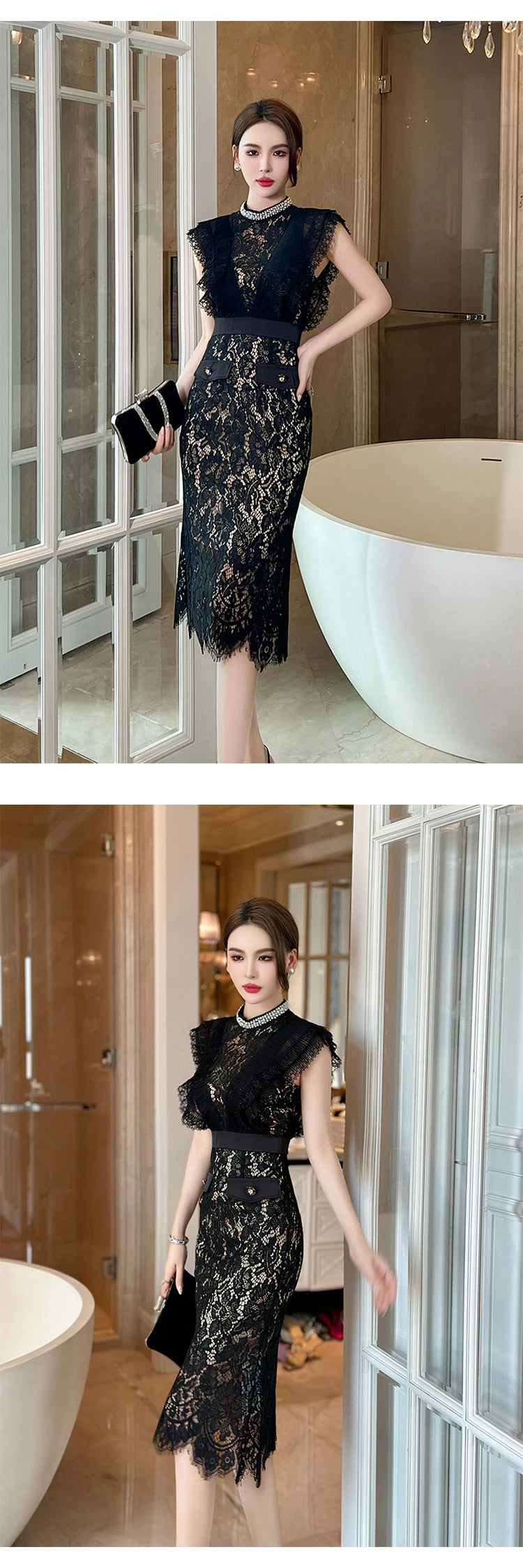 Women's French Noble Elegant Prom Dresses Black Lace Sheer Perspective Diamond High Waist Fishtail Robe Party Banquet Vestidos