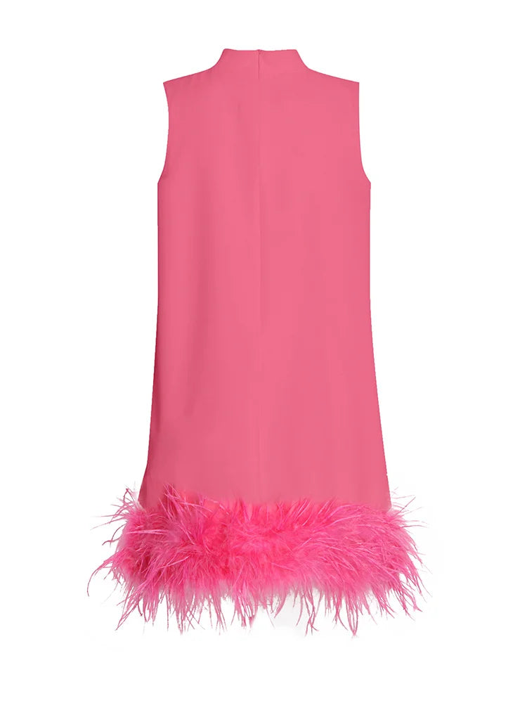 TWOTWINSTYLE Feather Fur Dress For Women O Neck Sleeveless Loose Tassel A Line Dresses Female Streetwear 2022 Summer Fashion New