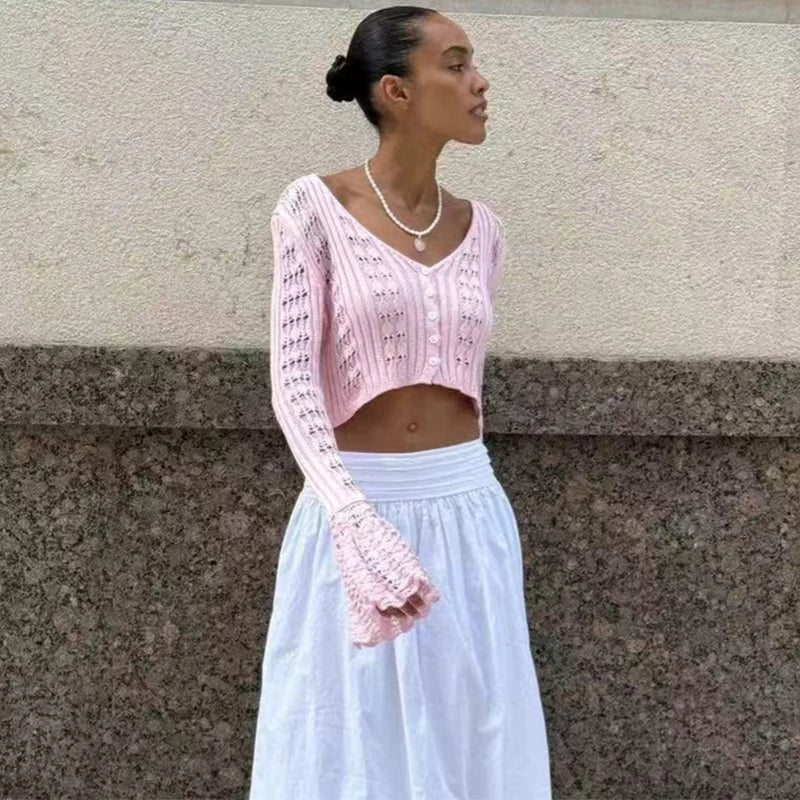 Trendix Summer Knit Long Sleeve Cardigan For Women V Neck Solid Bodycon Hollow Out Short Tops Party Club Slim Vacation Top Femme