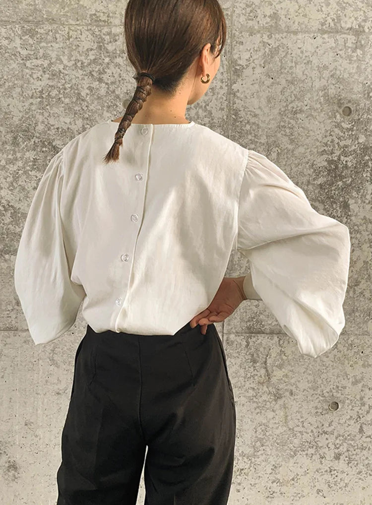 Japan Style Office Lady Elegant Vintage Blouse Women O-neck Loose Lantern Sleeve Shirts Solid All-amtch Blusas Autumn Ladies Top